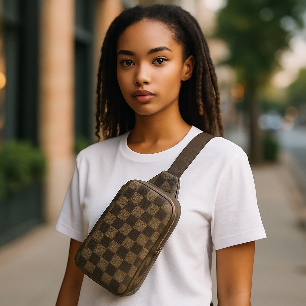 Brown Checkered Crossbody Sling Bag for Men and Women
